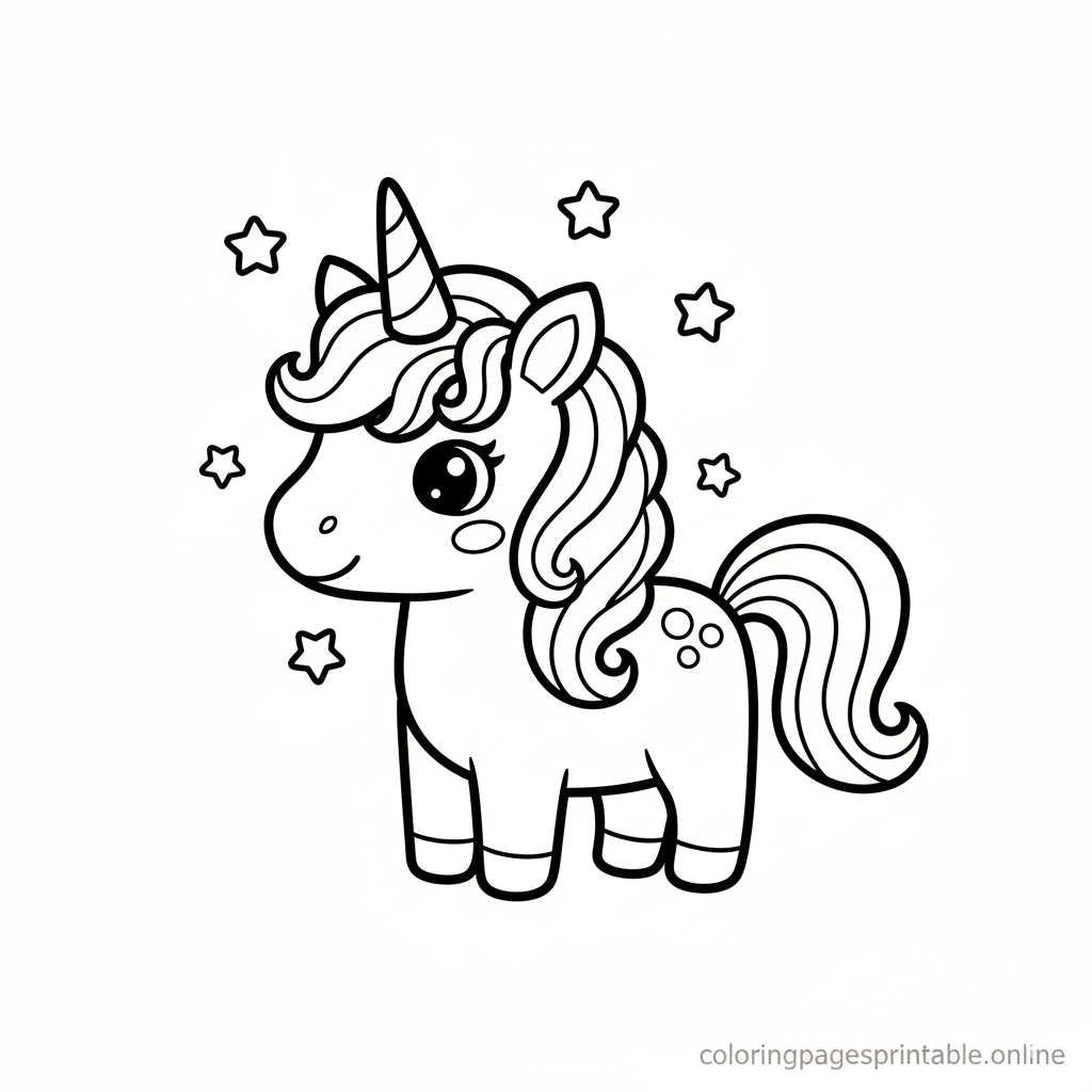 Free printable unicorn-like coloring page for kids 3-7 - thick outlines, rainbow mane, stars | coloringpagesprintable.online